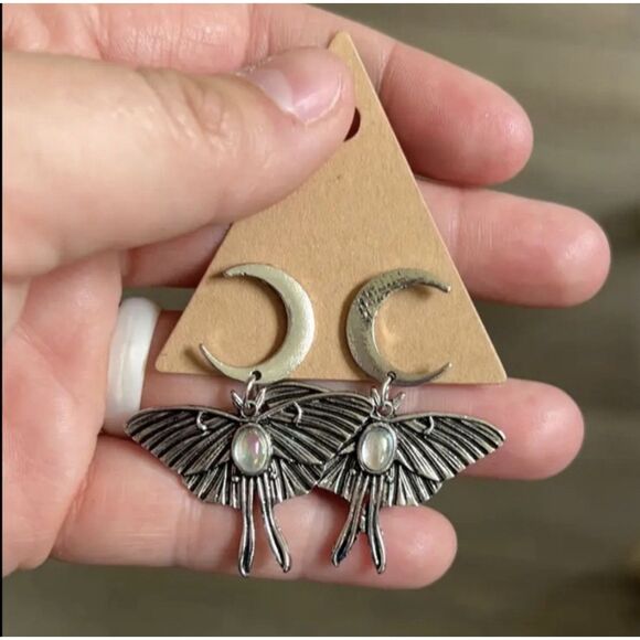 ✨“Celestial Moth & Moon Drop Earrings – Iridescent Gemstone Accent” - Picture 14 of 16